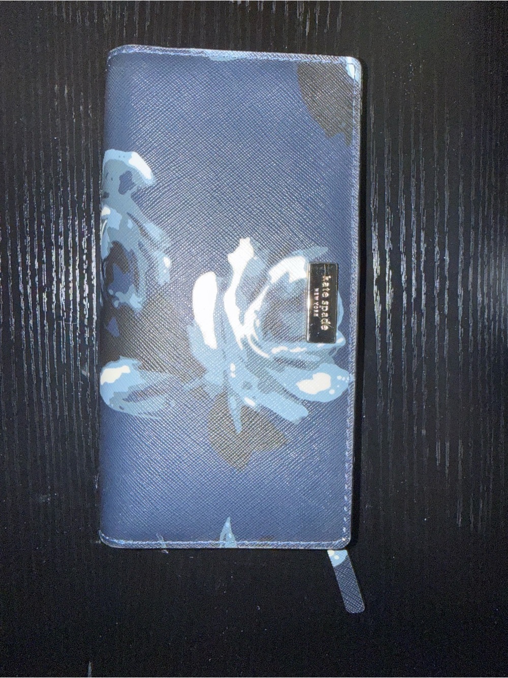 kate spade navy blue floral wallet with light blue accents